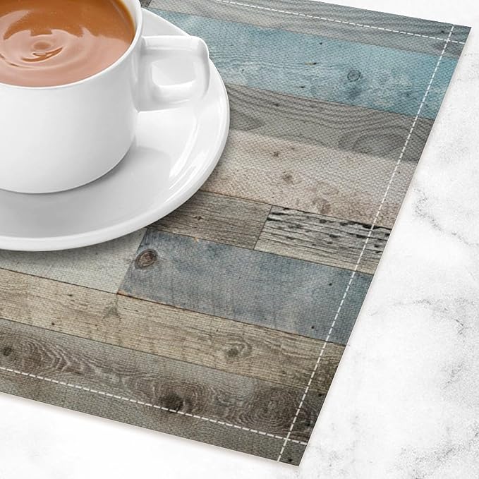 Rustic Plank Placemat Set, Vintage Old Shabby Colorful Beige Brown Blue Farmhouse Barn Wooden Board Pattern Home Decor Linen Table Mats for Dining Room Kitchen Party (17x12in) x4P