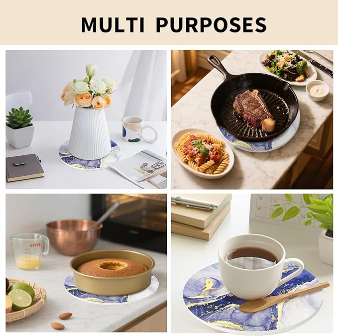 8 Inch Trivets for Hot Dishes, Pots and Pans, Marble Style Ceramic Trivet with Holder, Heat Resistant Hot Plate Mats for Countertops, Table, Home Essentials, Farmhouse Decor, Set of 3