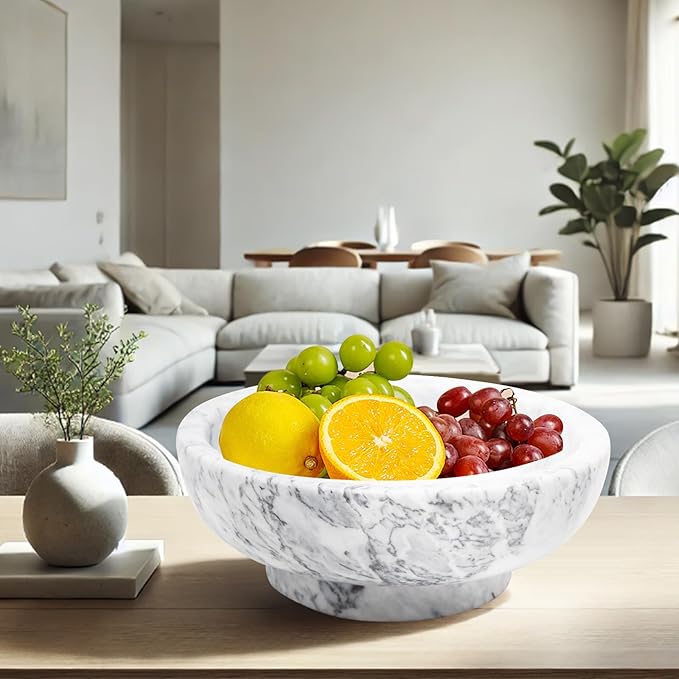 Natural Marble Fruit Bowl for Kitchen Counter, 10.2" Large Luxury Home Decorative Bowl, Modern Pedestal Key Organizer Bowl, 10 lb Heavy Solid Marble Decor for Centerpiece Entryway & Coffee Table