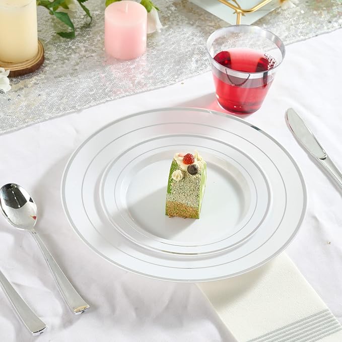 FOCUSLINE Silver Plastic Plates Set of 60, Disposable Plates with Silver Rim 30 Dinner Plates 10" and 30 Salad Dessert Appetizer Plate 7", Elegant Fancy Heavy Duty Wedding Party Plates