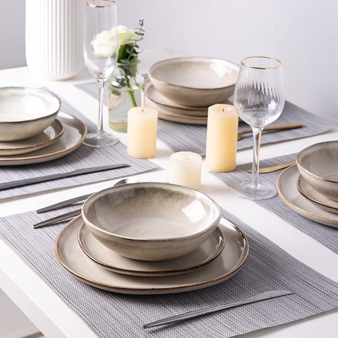 AmorArc Ceramic Dinnerware Sets,Handmade Reactive Glaze Stoneware Plates and Bowls Sets,Highly Chip and Crack Resistant | Dishwasher & Microwave Safe Dishes Set,Service for 4 (12pc)