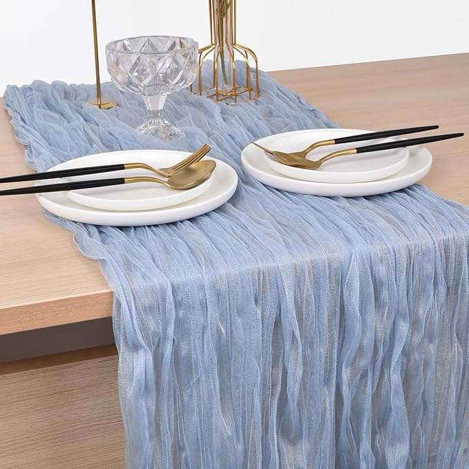Joanlody Blue Cheesecloth Table Runner Spring Easter 10Ft Rustic Gauze Boho Cheese Cloth Table Runner for Wedding Bridal Baby Shower Decoration