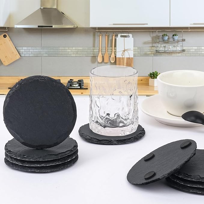 20 Pack 4 Inch Round Slate Coasters, Black Stone Coasters with Anti-Scratch Bottom, Ideal for Home Decor, Bar, Housewarming Gifts, and Laser Engraving KUKLIPJIM