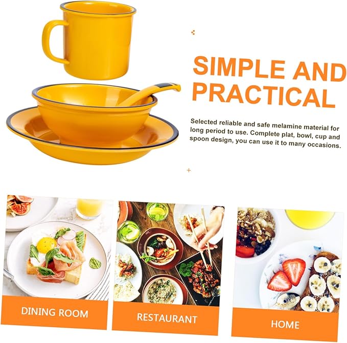 ERINGOGO Dinnerware Yellow Asian Style Rice Soup Bowls Plates Lightweight Tableware for Indoor Outdoor Use Easy to Clean and Portable