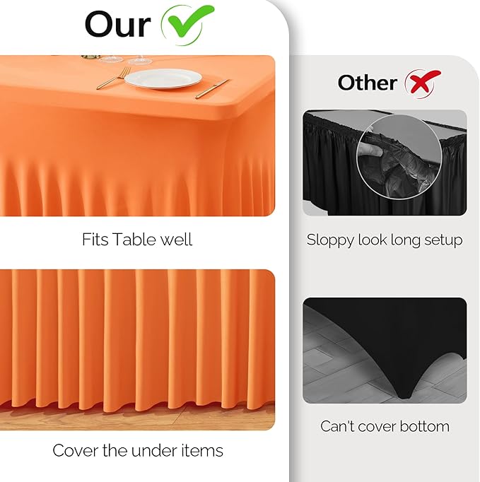 Wish Care 2 Pack Orange Spandex Table Clothes for 8 Foot Rectangle Tables, 8FT Wrinkle Free Fitted Tablecloths Ruffles Design Table Cover for Party, Banquet, Wedding and Events