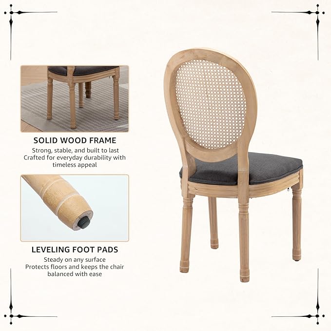 Vintage French Rattan Dining Chairs Set of 8, Solid Wood Frame with Round Rattan Back and Linen Upholstered Seat, Farmhouse Accent Sillas de Comedor Side Chairs for Dining Room & Kitchen, Gray