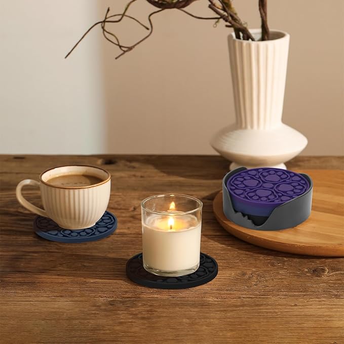 4 Inch Silicone Coasters Set of 6, (Black, Blue, Purple) Absorbent Non-Slip Drinks Coaster for Protecting Coffee Tables/Desks, Perfect for Home, Kitchen, Living Room & Office