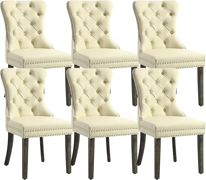 KCC Faux Leather Dining Chairs Set of 6, Upholstered High-end Tufted Dining Room Chair with Nailhead Back Ring Pull Trim Solid Wood Legs, Contemporary Nikki Collection Modern Style for Kitchen, Beige