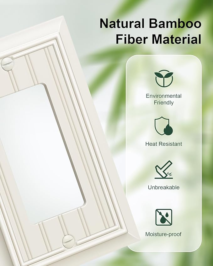 6-Pack Classic Beadboard Decorator Wall Plate Cover, Light Almond Decorative Switch Plates and Outlet Covers, Durable Natural Bamboo Fiber Wall Plates for Electrical Outlets, Receptacle, GFCI Outlet