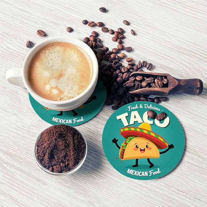 Taco Coasters for Coffee Table Cute Cartoon Mexican Food Funny Happy Hat Lovely Smile Beef Tomato Chicken Housewarming Presents for Women Men Home Decor Office Kitchen Living Room 2 Pcs