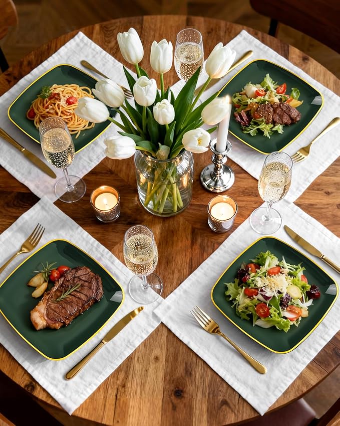 bUCLA 100PCS Green and Gold Plastic Plates - Heavy Duty Square Green Disposable - Include 50 Dinner & 50 Dessert Plates for Party & Christmas