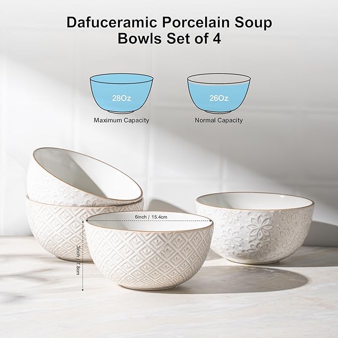 26 oz Ceramic Soup Bowls, Cereal Bowls Set of 4 – Oven & Microwave Safe French Onion Soup Bowls, Unique Embossed Patterns, Dishwasher Safe for Soups, Stews & Desserts