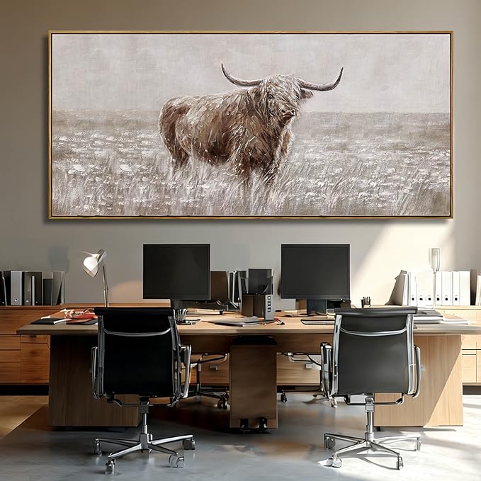 Extra Large Brown Highland Cow Canvas Wall Art with Framed Rustic Farmhouse Animal Posters Pictures Modern Country Style Wall Decor for Living Room Bedroom Office 40x88 Inch