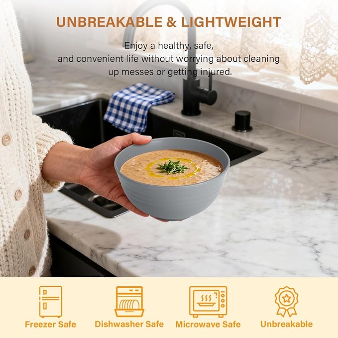 Homienly Premium Wheat Straw Bowls 8 PCS Unbreakable Bowl for Kitchen Cereal Bowls Lightweight Bowl Set, Reusable Microwave and Dishwasher Safe Bowl Set for Soup,Ramen,Salad(Grey Stone, 26 OZ)