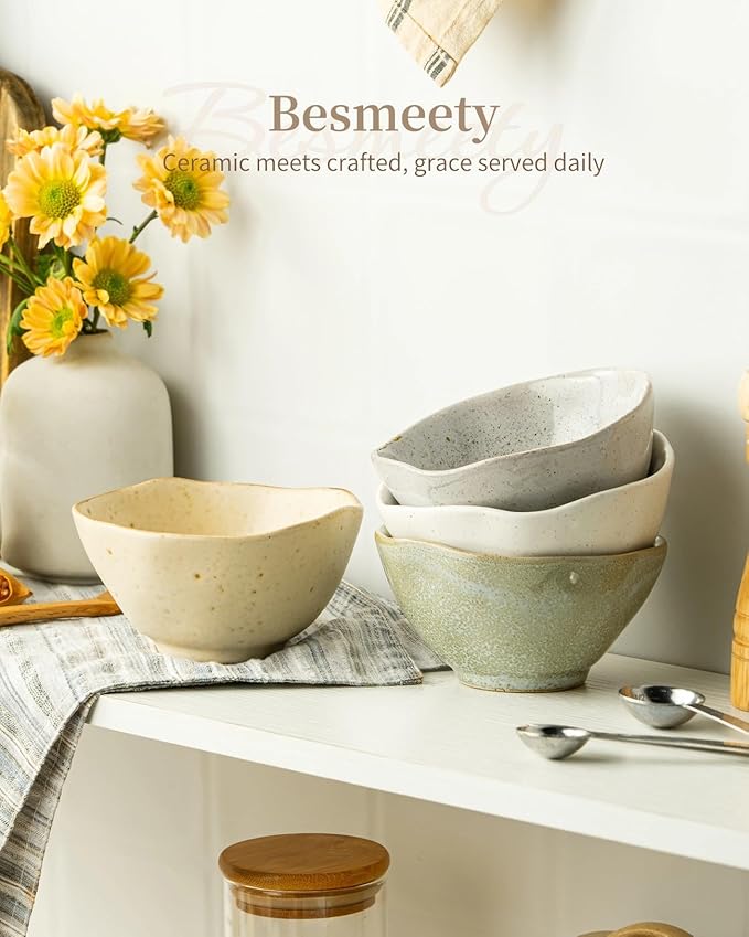 Besmeety 8oz Ceramic Small Bowls Set of 4, Cereal Bowls for Dessert, Fruits, Yogurt, Dipping, Side Dishes, Farmhouse Vintage Color Dinnerware for Kitchen