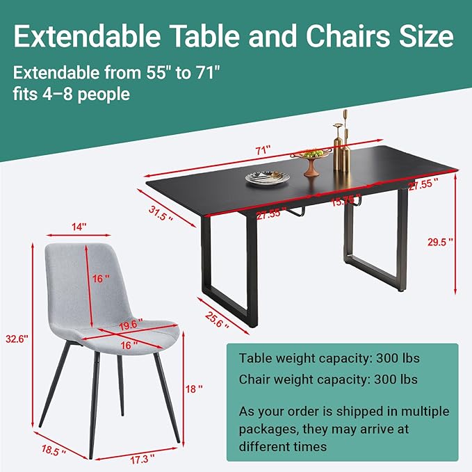 Extendable Dining Table Set for 6, 55"–71" Modern Black Kitchen Table with 6 Upholstered Chairs, Space-Saving for Living Room Apartment, Sturdy & Comfortable, Easy Assembly