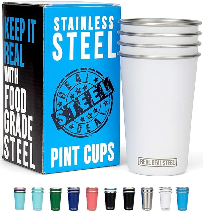 Real Deal Steel Stainless Steel 16 oz Pint Cups Stackable Single Wall Tumblers, Eco Friendly Premium Metal Drinking Glasses (White)
