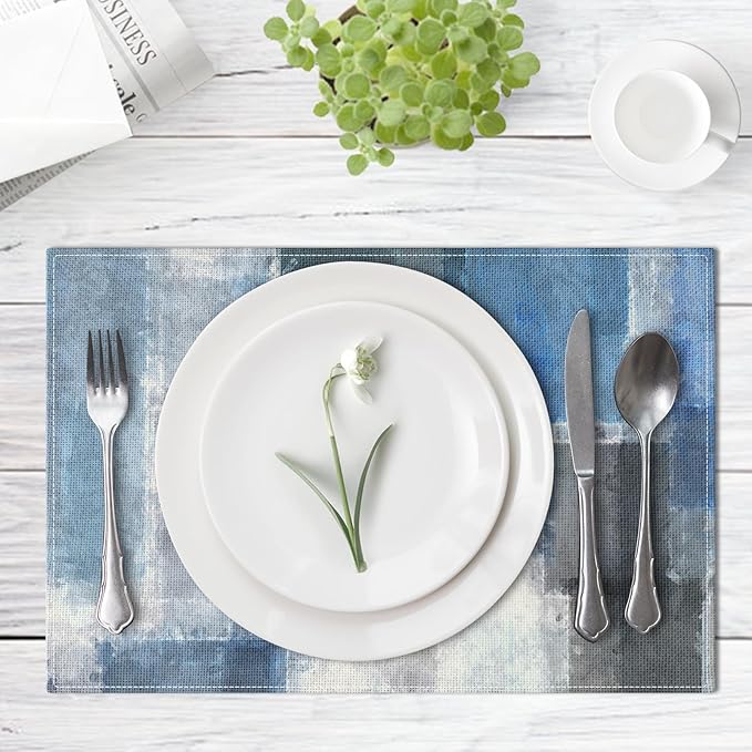 Emvency Farmhouse Placemats Set of 4, Abstract Blue and Gray Art Painting 12x18 Inch Table Mats for Outdoor Home Party Kitchen Dining Decoration