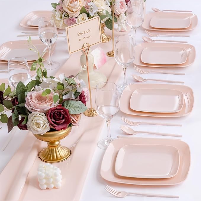 PULOTE 60PCS Pink Square Plastic Plates Disposable - Premium Quality Pink Set Include 30 Dinner / 30 Dessert Plates for Party, Wedding & Valentines Day