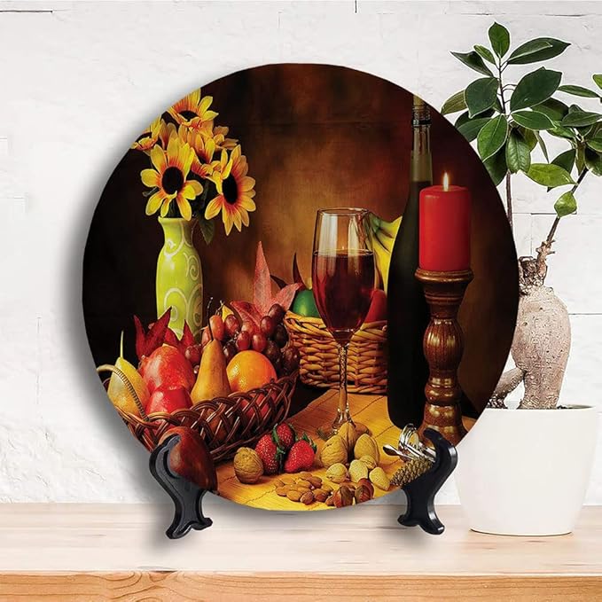 Ceramic Display Plate, Winery Ceramic Hanging Decorative Plate, Still Life Fruits Flowers, 8 Inch, Living Room Kitchen Decoration Household, Multicolor