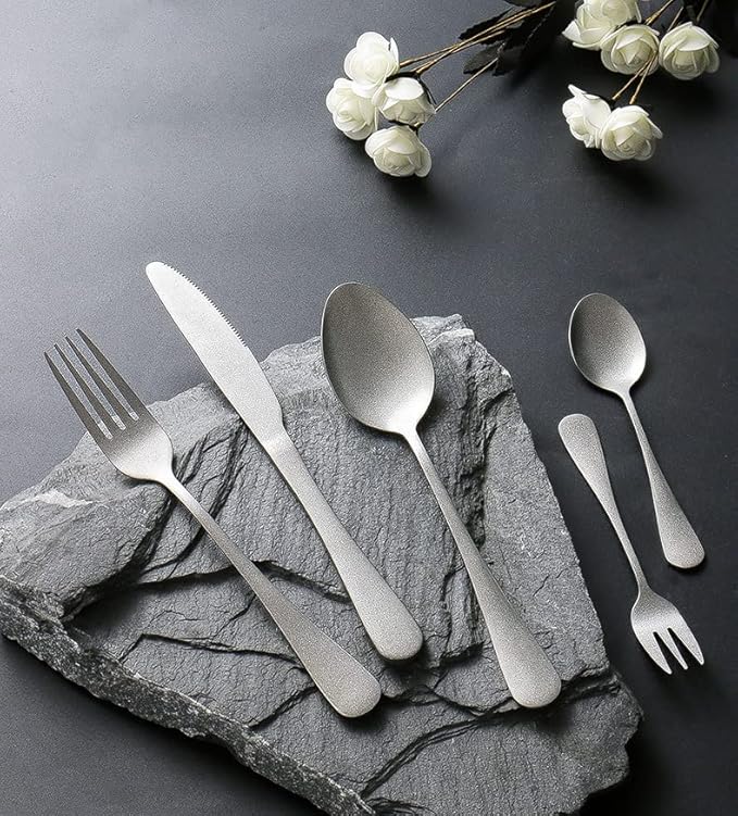 Matte Silverware Set for 14 Stainless Steel Flatware Set Vintage Style Delicate Cutlery Utensils 70 Piece Include Knives Forks and Spoons Tableware Set for Home Kitchen Wedding Restaurant