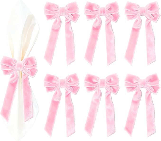 Bow Napkin Rings Set of 6 Luxury Soft Pink Velvet Napkin Holders, Elegant Bow Design for Christmas Holiday Dinner Wedding Party Table Decor