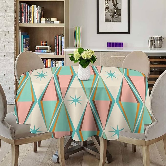 Mid Century Round Tablecloth, Vintage Bohemian Modern Mid-Century 50s 60s Print Tablecloth for Home Party Dining Room Kitchen Decor 70Inch(178cm)