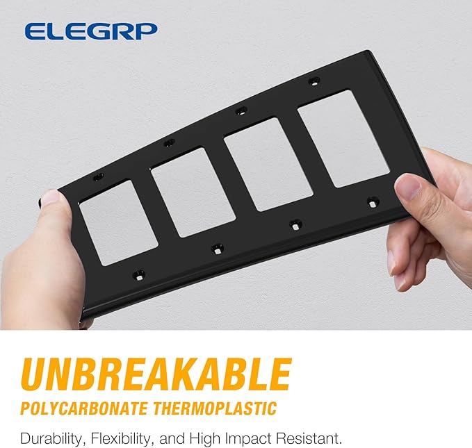 ELEGRP 4-Gang Decorative Wall Plates, Standard Size Unbreakable Thermoplastic Faceplate Cover for Decorator Receptacle Outlet Switch, UL Listed (2 Pack, Glossy Black)