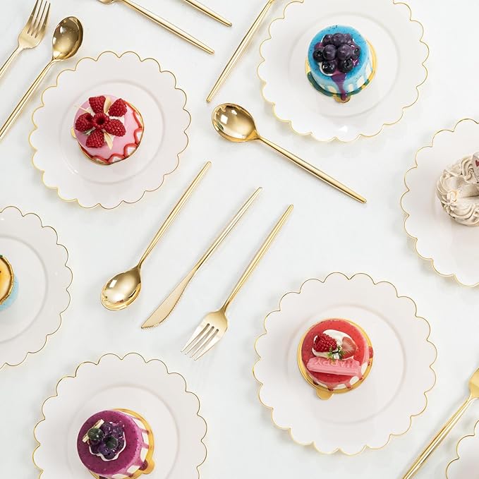 LIYH 100 Pcs Ivory Dessert Plates with Gold Rim- Ivory Plastic Plates 7.5" Disposable Scalloped Fancy Gold Plastic Plate,Baby Shower Cake Plate Party Suitable for Valentine's Day or Mother's Day