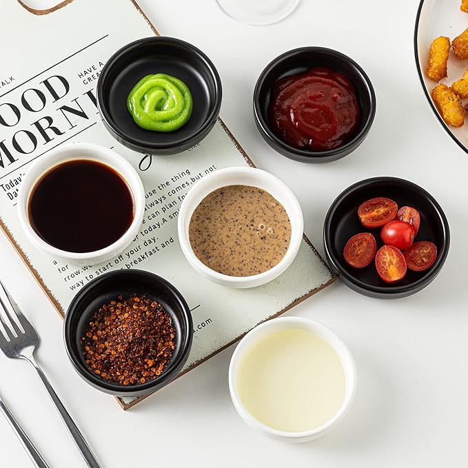 Dipping Bowls Set, Ceramic Dipping Sauce Dishes, 2 oz Soy Sauce Dish, Side Dish Bowls, Small Bowl/Dish for BBQ, Condiments, Appetizer, Dessert, Sushi, Set of 6 (Black)