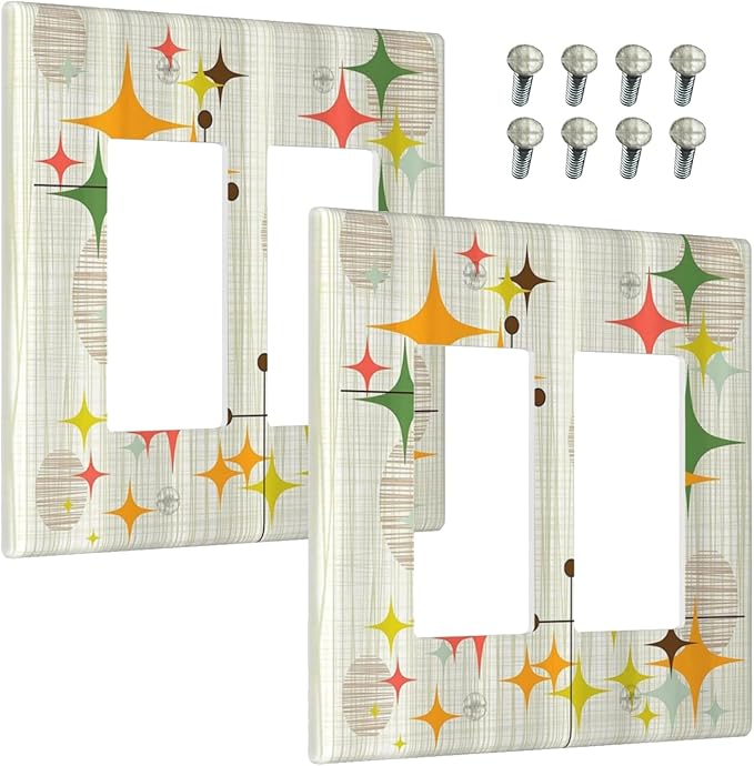 Outlet Covers Mid Century Modern Retro Stars 2 Gang Light Switch Cover Double Rocker Wall Plate Decorative GFCI Receptacle Electrical Switchplate for Bathroom Bedroom Decor（2 Pack）