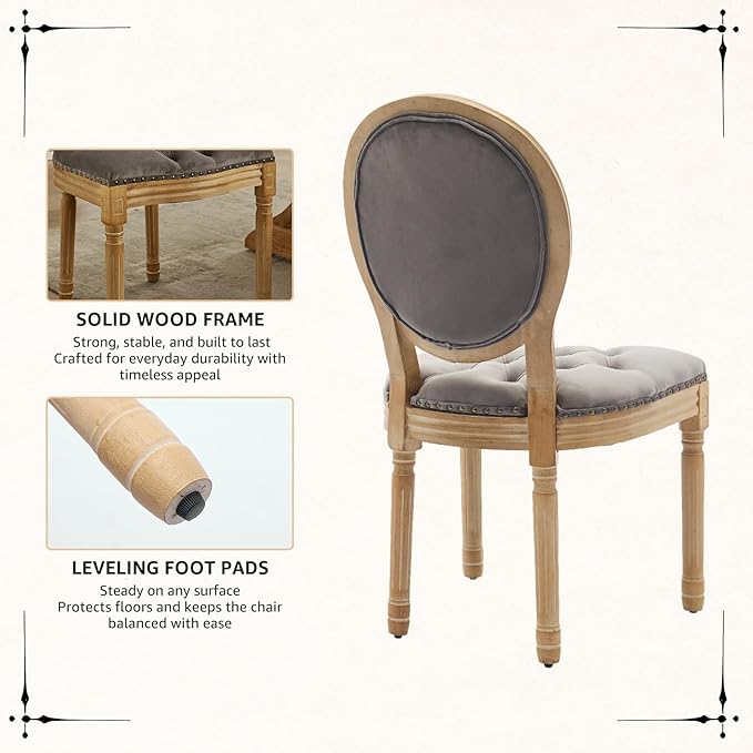 Vintage French Dining Chairs Set of 4, Round Back Velvet Upholstered Accent Chairs with Nailhead Trim and Solid Wood Frame, Elegant Sillas de Comedor for Dining Room & Kitchen, Gray