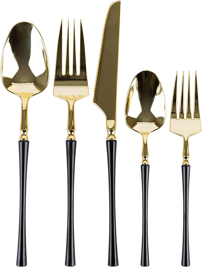 PlasticPro 20 Count Gold and Black Plastic Salad Forks Premium Quality Heavy Duty Disposable Elegant Silverware Two Tone Salad Forks for Party