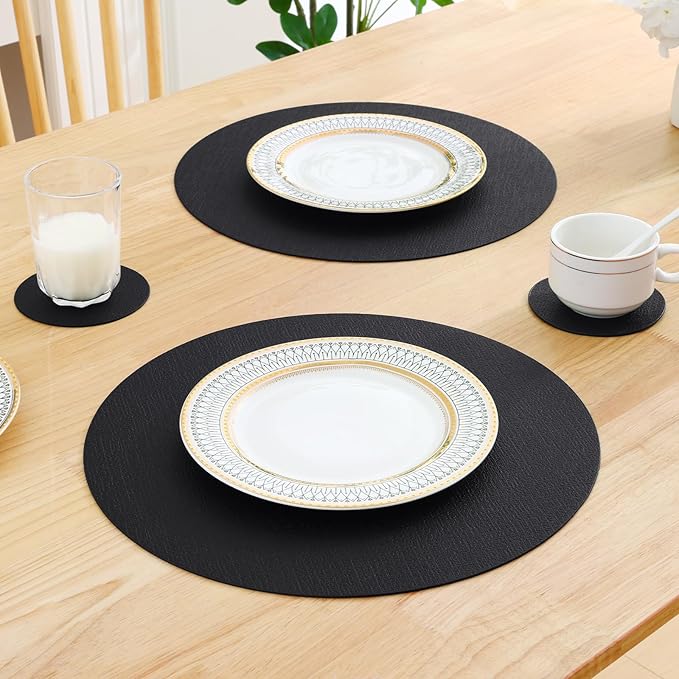 Homaxy Round Faux Leather Placemats and Coasters, Washable Dual-Side Table Mats, Wipeable Heat-Resistant Dining Place Mats for Outdoor and Indoor, Set of 4, Diameter 13 and 3.93 inch, Black