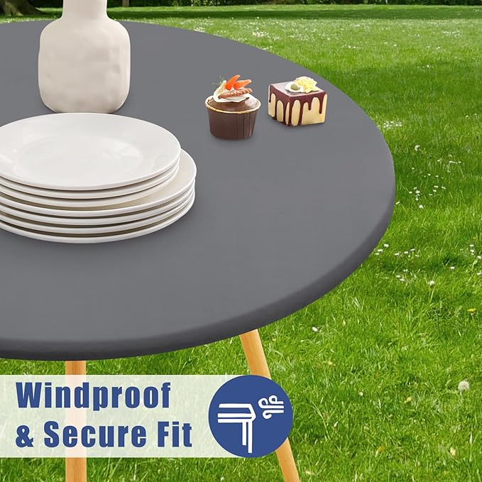 Round Spandex Tablecloth, Elastic Fitted Waterproof Tablecloths for 18"-24" Tables, Stretch Washable Picnic Table Cover for Camping, Dining, Indoor and Outdoor, Grey