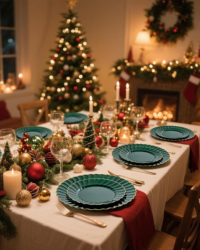 YOUBET 175PCS Green Scalloped Plastic Plates - Green and Gold Disposable Dinnerware Set Include 50 Plates, 75 Gold Silverware, 25 Cups, 25 Napkins for Party & Wedding