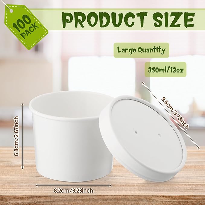 Fulmoon 100 Pack Paper Soup Containers with Lids Disposable Paper Food Containers with Vented Lid Kraft Ice Cream Cake Dessert Cups Soup Bowl for Party Hot Food Fruit Microwave(12 oz,White)