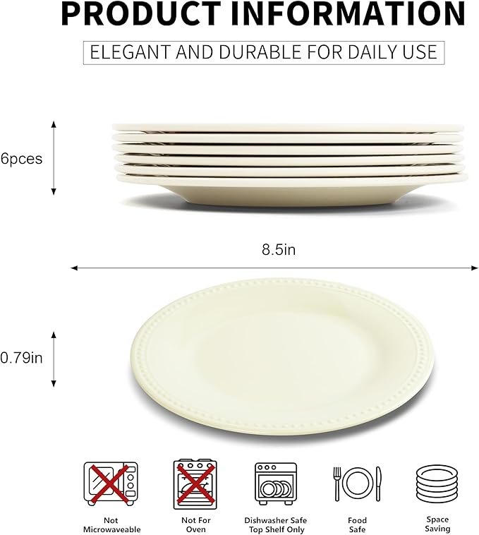 Melamine Beaded Appetizer/Salad/Dessert/Side Plates, Cream, Set of 6, 8.5 inch, Platter, Serving Dishes, Kid-Friendly, Chip and Break-Resistant, Durable, for Indoor and Outdoor, Dishwasher Safe