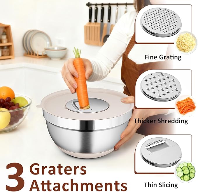 9 Pack Mixing Bowls with Airtight Lids Set, Stainless Steel Mixing Bowls with Grater Attachments, Nesting Kitchen Bowl Set with Non-Silp Bases, Size 7, 4, 3, 2, 1.5,1QT, Multi