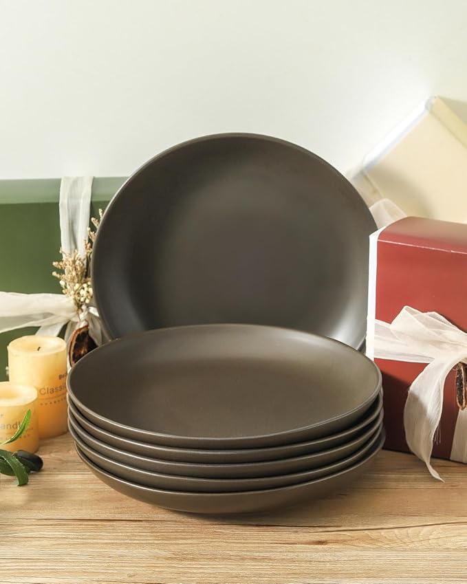 Dinner Plates Set of 6, 10 Inch Stoneware Plates for Salad, Appetizer, Dessert, Farmhouse Dinnerware Dishes for Christmas Thanksgiving Gift, Microwave & Dishwasher Safe, Matte Black