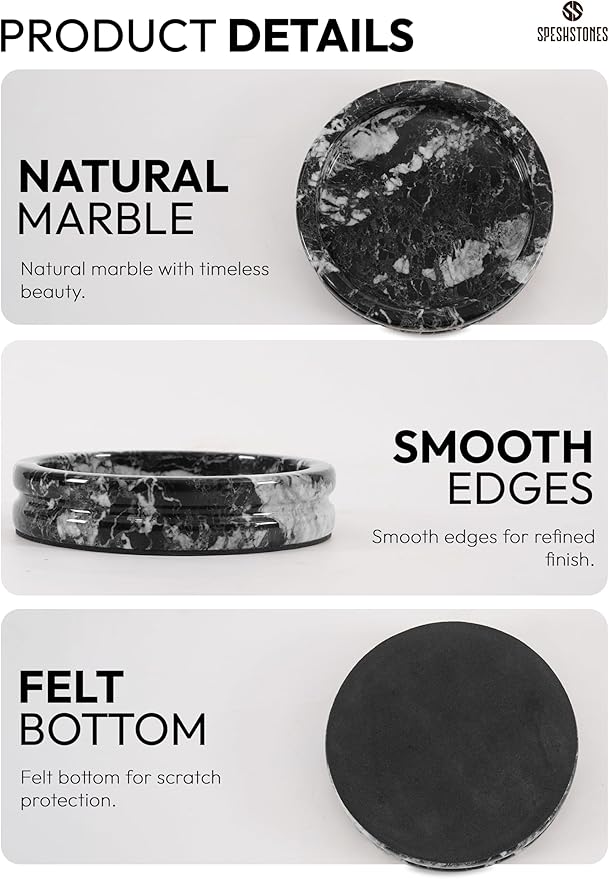 Marble Jewelry Dish 5 Inch Handmade Black Small Trinket Dish, Necklace & Ring Holder for Vanity Decor Accessories, Candle Plate, Key Bowl & Perfume Organzier, Gifts for Women