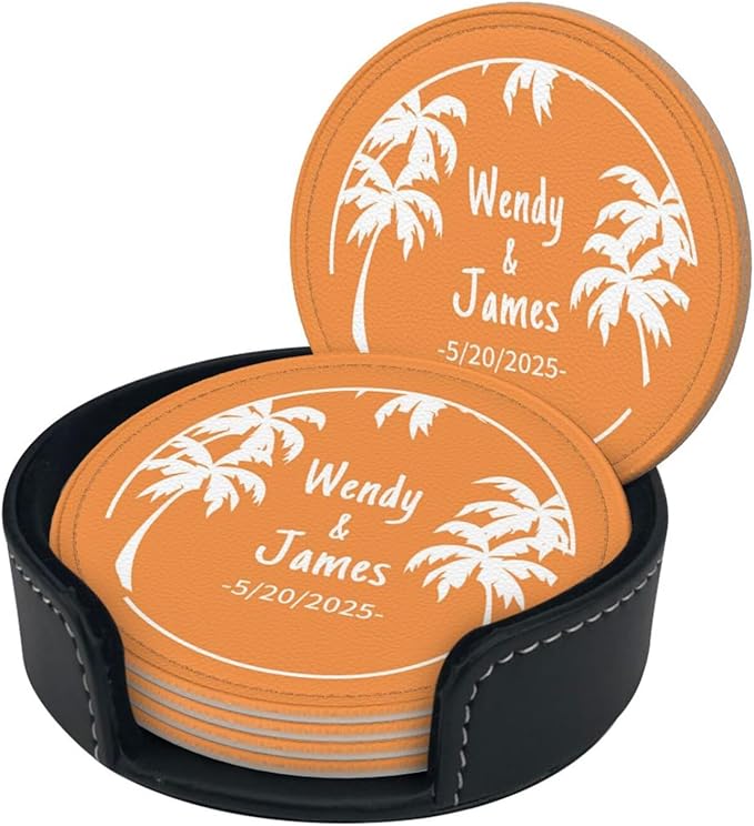 Personalized Drink Coasters, Customized Coasters Set of 6, Custom Coster 6 Pack with Name and Date, Gift for Christmas/Valentine’s Day/Wedding, Luxury Leather Gift Set, Custom Gift Bar Counter