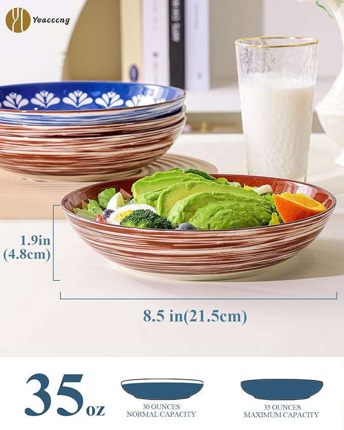 Yeacccng Pasta Bowls Set of 6, 35 Oz Ceramic Large Salad Bowl, 8.5 Inch Colorful Serving Bowls for Kitchen, Dishwasher & Microwave Safe, Scratch-Resistant, Lead-Free (Brown*6)