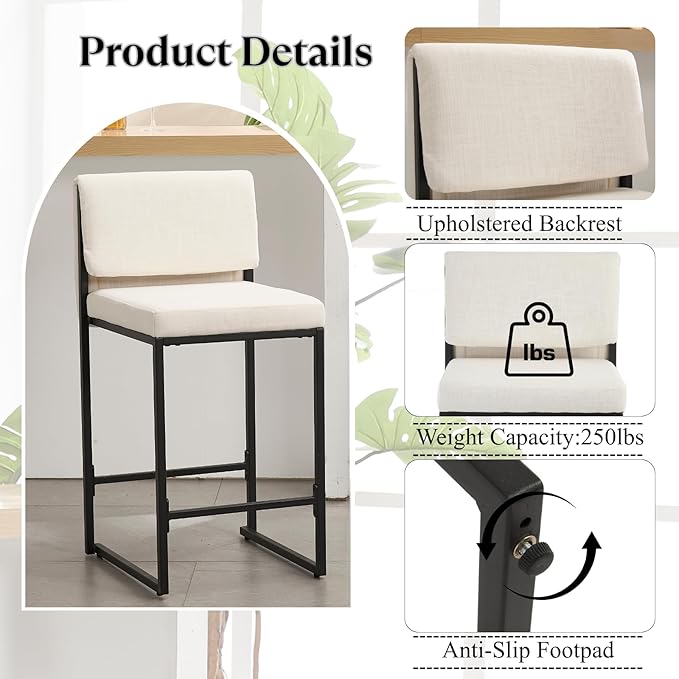 Modern Barstools Set of 2, 26” Upholstered Counter Height Bar Stools Linen Fabric Counter Stools with Padded Back Metal Frame for Kitchen Island Dining Room, Beige