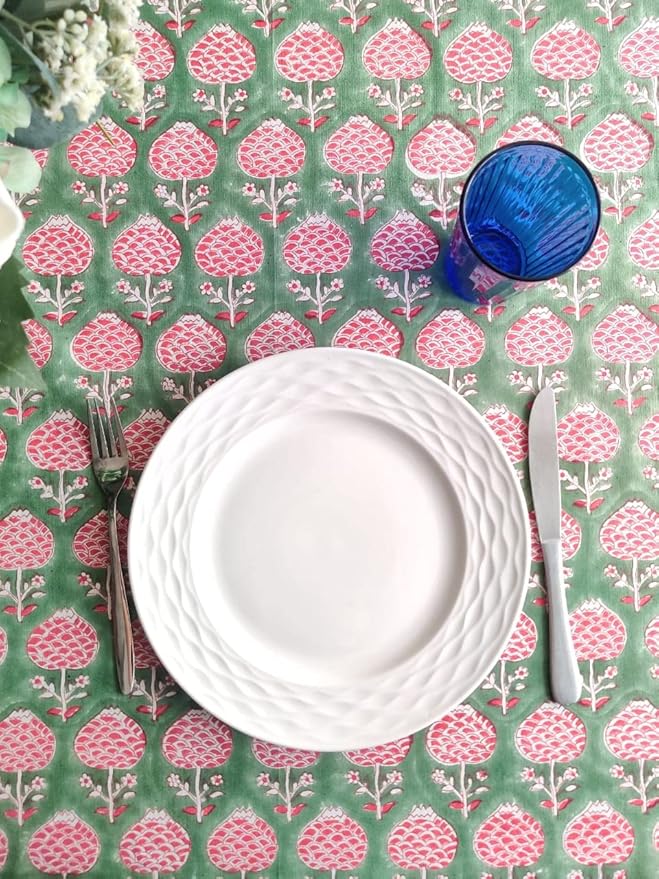 ATOSII Roma Green100% Cotton Rectangle Summer Tablecloth, Block Print Floral Linen Table Cloth for Dining Table Parties Wedding Outdoors I Grand Millennial Decor 60 X 90 Inches 6 Seater I Memorial Day