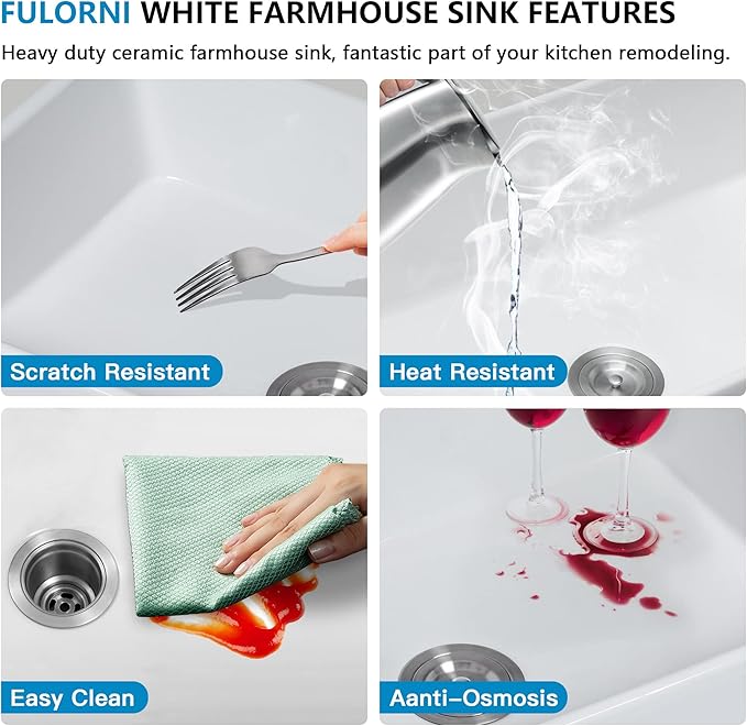 33"x18" White Farmhouse Kitchen Sink – Reversible Apron Front Fireclay Single Bowl Farm Sink, White Ceramic Porcelain Farmer Style Basin