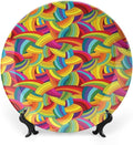Decorative Plates, Abstract Decor Print Ornament, Colorful Rainbows Wheels Spiral Wavy Fashionable, 7 Inch, 1 Plate with 1 Display Stand, Multy