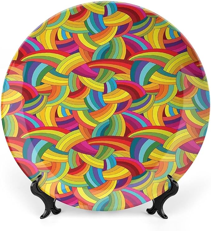 Decorative Plates, Abstract Decor Print Ornament, Colorful Rainbows Wheels Spiral Wavy Fashionable, 7 Inch, 1 Plate with 1 Display Stand, Multy