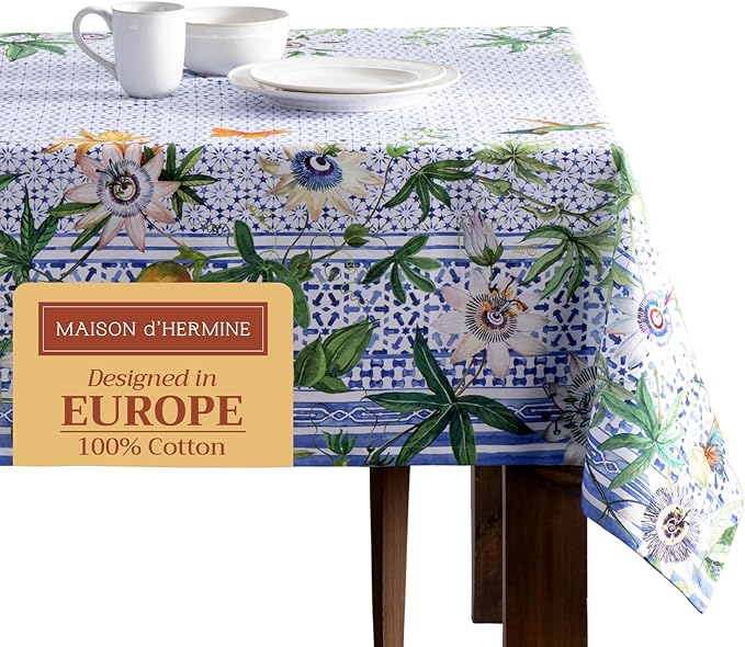 Maison d' Hermine Table Cloth Rectangle Table 100% Cotton 60 x 108 Inches Tablecloth Reusable Decorative for Dining Room Farmhouse Home Valentines Day Decorations Spring Summer - Passiflora