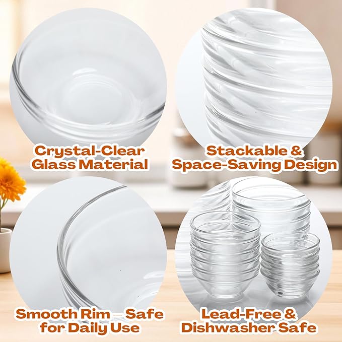 LemonRoad 20 Pcs Glass Prep Bowls Sets 4 Sizes 1.5/2.5/4.5/8.5 oz Cooking Clear Small Prep Pinch Bowls Mini Stackable for Toppings, Kitchen, Salt, Spices, Dipping, Baking & Meal